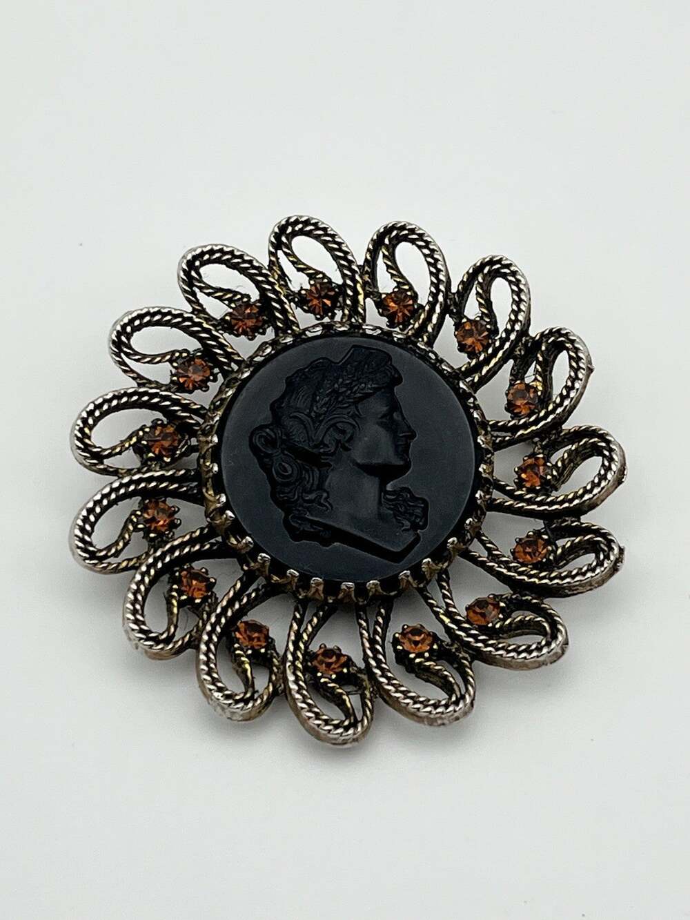 Vintage Har Lucite Cameo Brooch Pin Black with Amber Tone Rhinestones Goth Dark